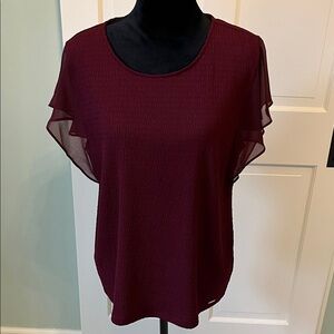 NWT Calvin Klein Blouse with Sheer Flutter Cap Sleeves Merlot Color